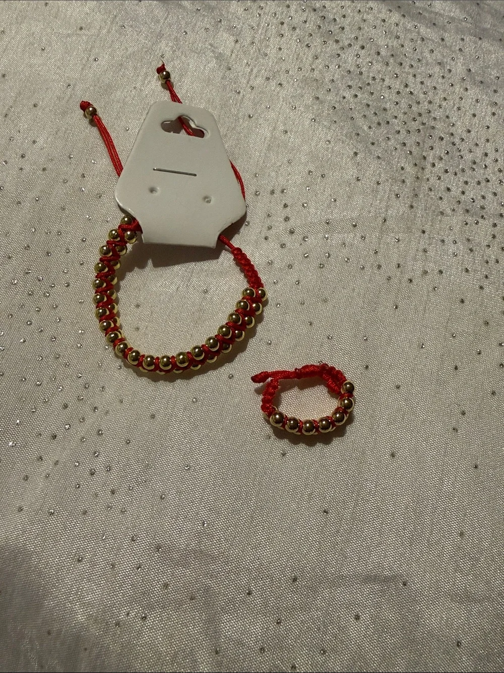 Red Cord Bracelet and Ring Set with Gold Beads for girls